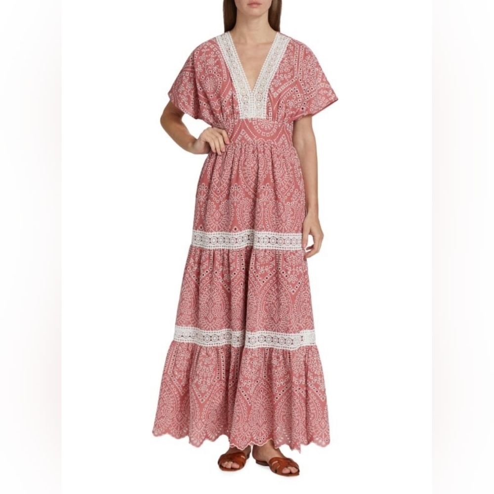 NWT Elie Tahari Lace Trimmed Tiered Eyelet Maxi Dress, Size 8
